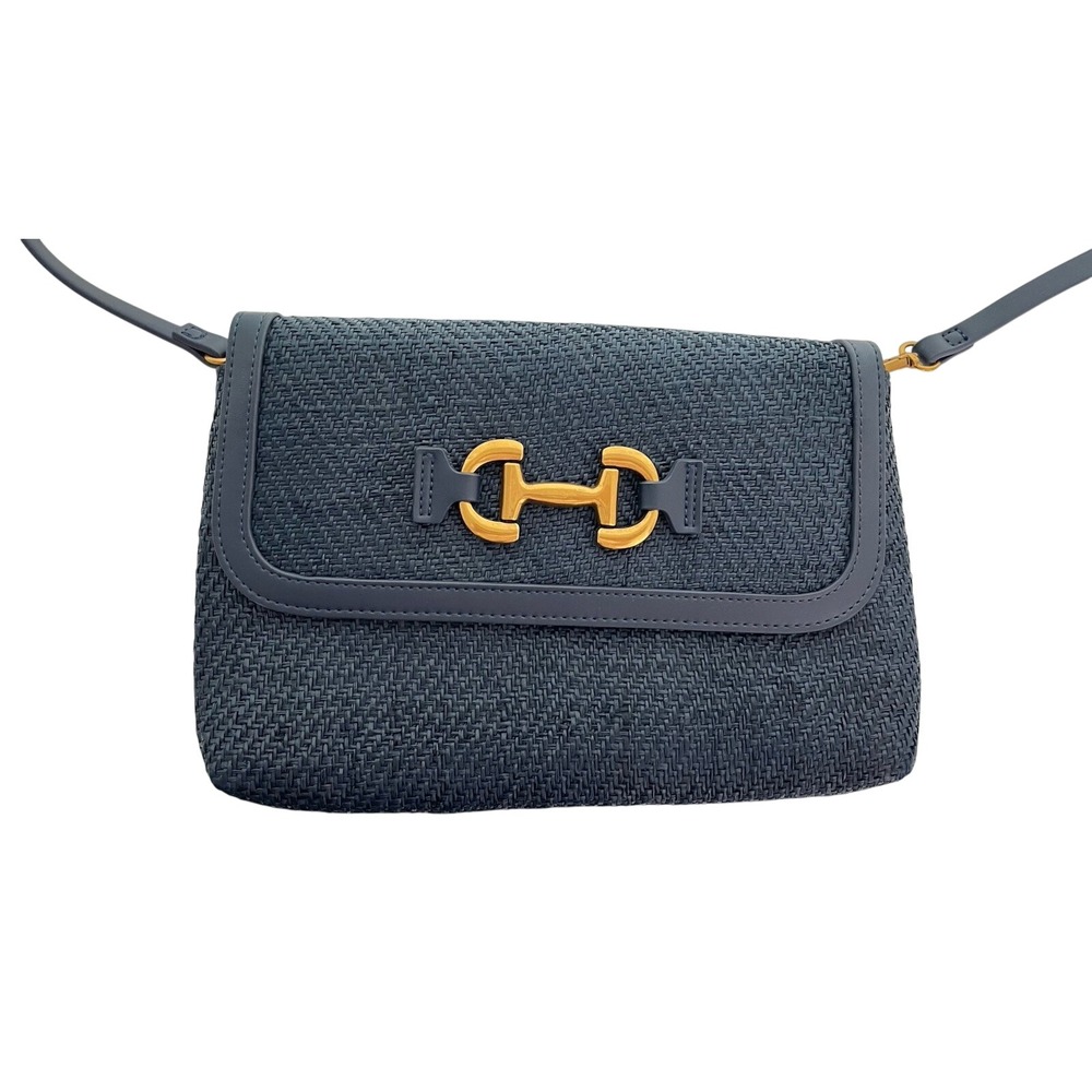 Boden Snaffle Raffia Crossbody Bag Purse Navy Blue  Adjustable Strap  Resort